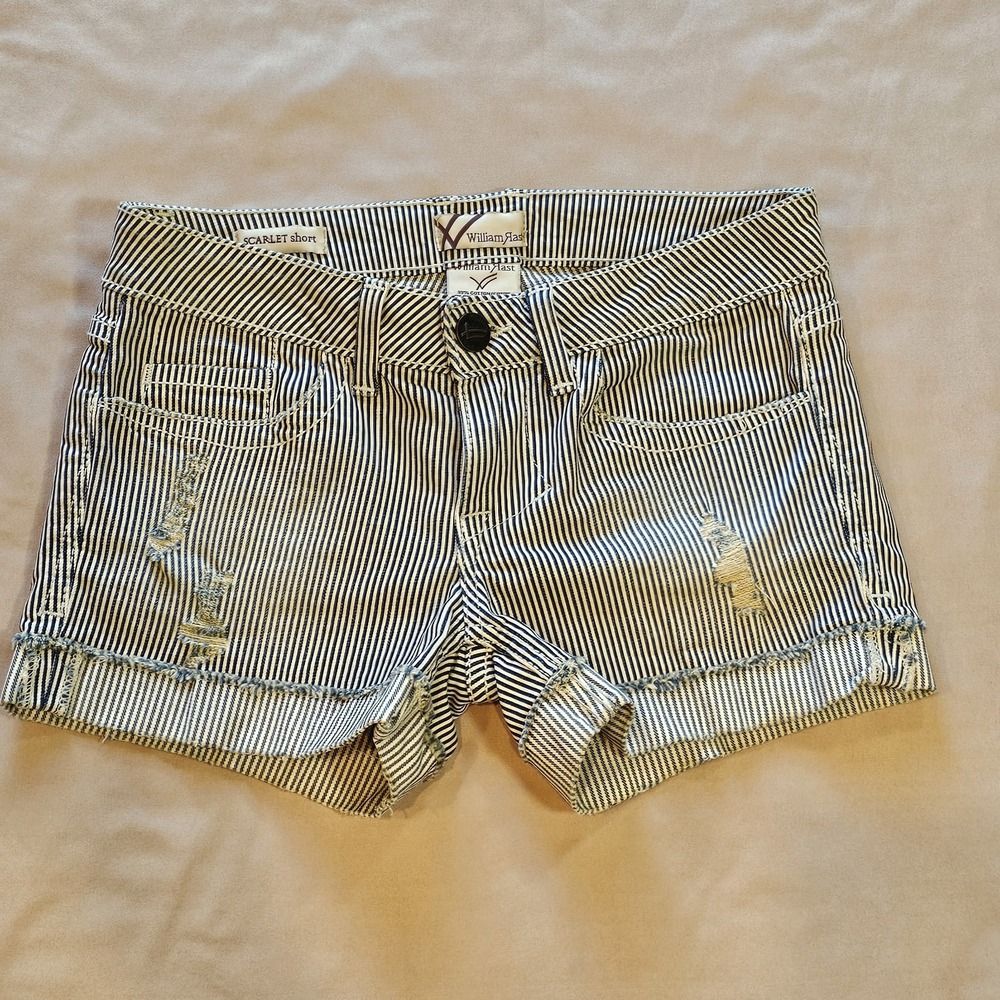 WILLIAM RAST Denim SCARLET SHORTS Striped Rolled Cut-Off Made In USA Size 24‎